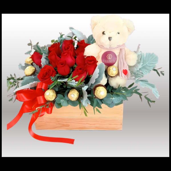 Caja Ternura de Amor Rosas y oso de peluche